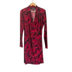 Norma Kamali Red Black Feather Print Jersey Knit Faux Wrap Dress size L